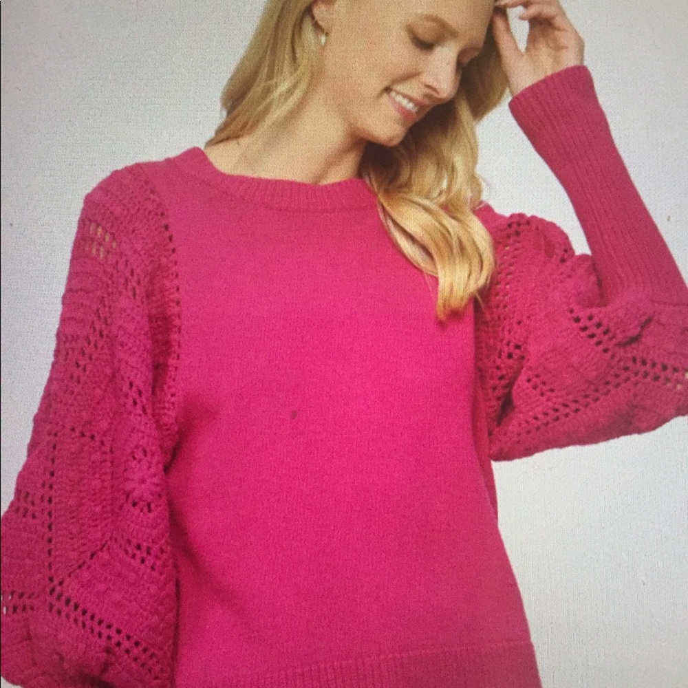 Cotton blend sweater with hand knit crochet puff sleeve. NWT - Picture 5 of 5
